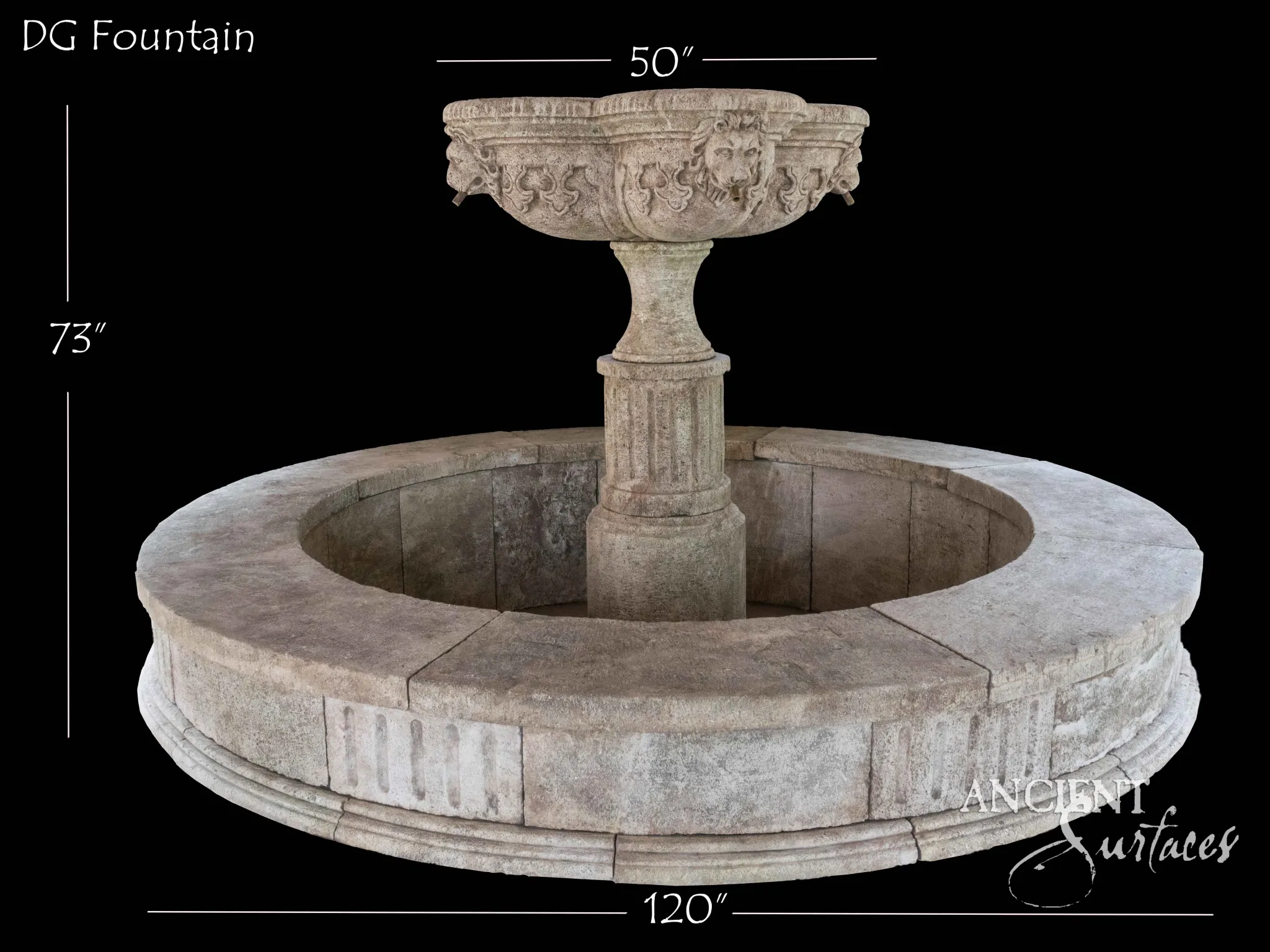 Reclaimed limestone pool fountain with a carved lion-mask bowl on a circular stone surround
