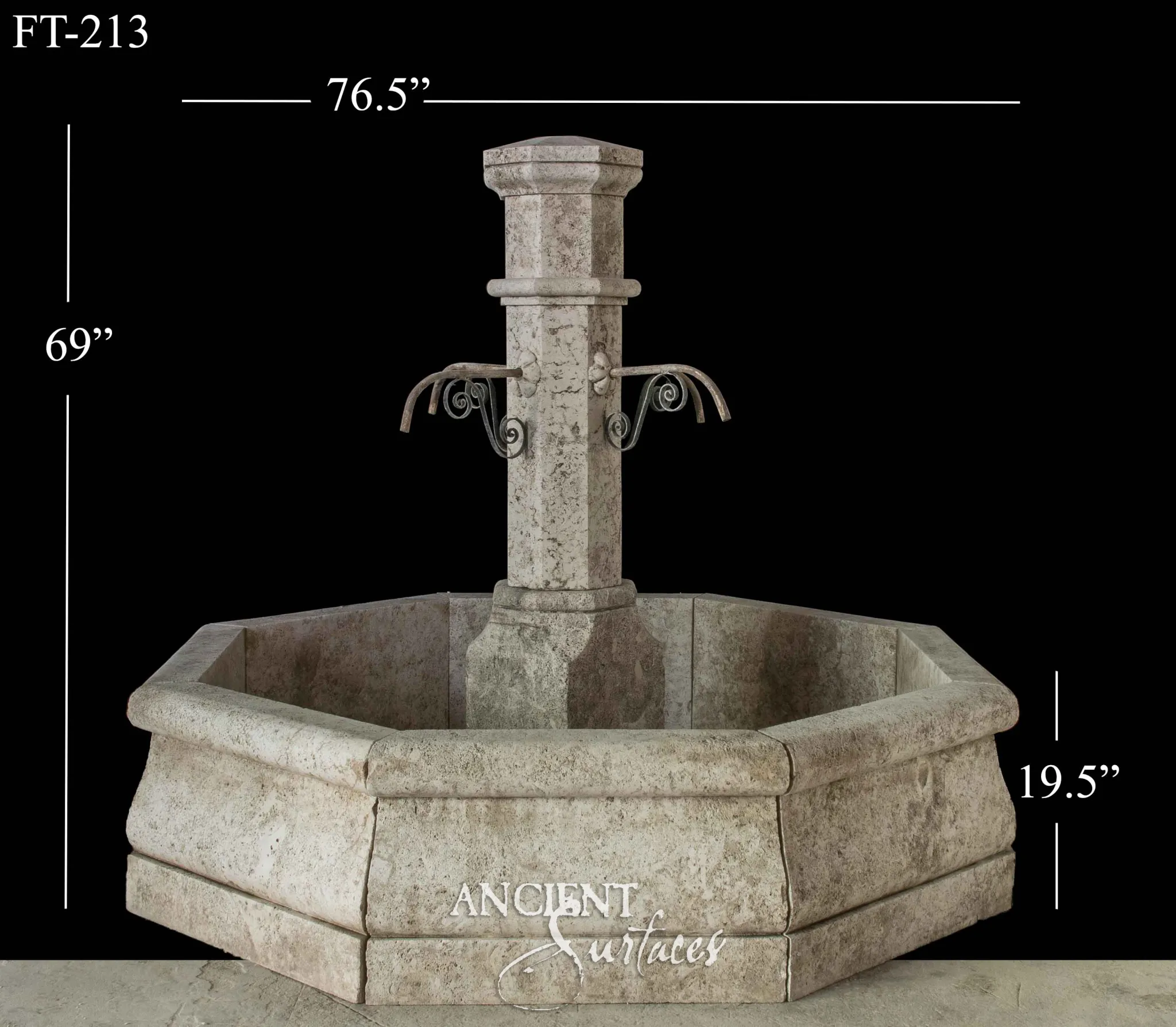 Reclaimed limestone pool fountain with a pale veined column and iron scroll spouts over an octagonal basin