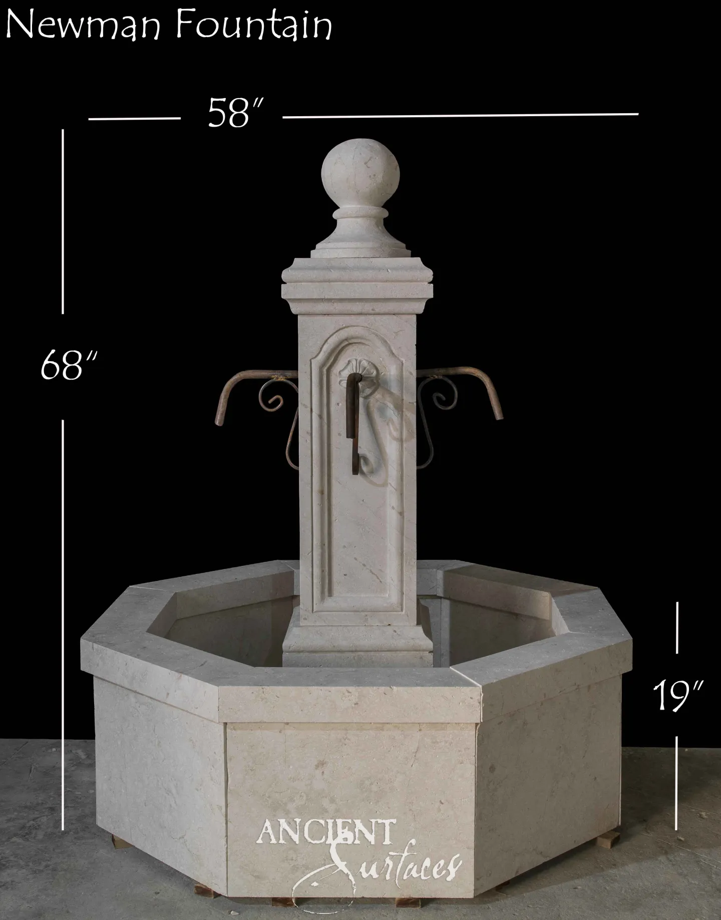 Pale reclaimed limestone pool fountain with a carved cartouche panel pillar and octagonal basin